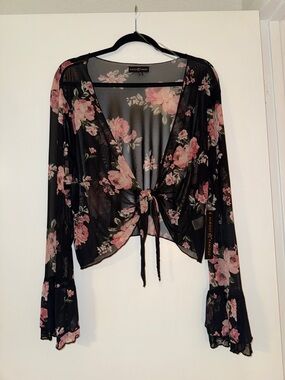 Almost Famous Black Floral Tie-Front Sheer Blouse with Pink Roses